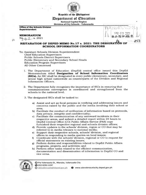 REITERATION OF DEPED MEMO NO.17S 2021 THE .